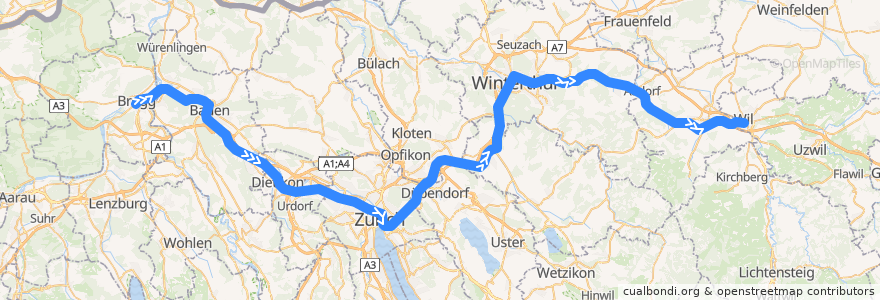 Mapa del recorrido S12: Brugg AG –> Wil SG de la línea  en Schweiz/Suisse/Svizzera/Svizra.