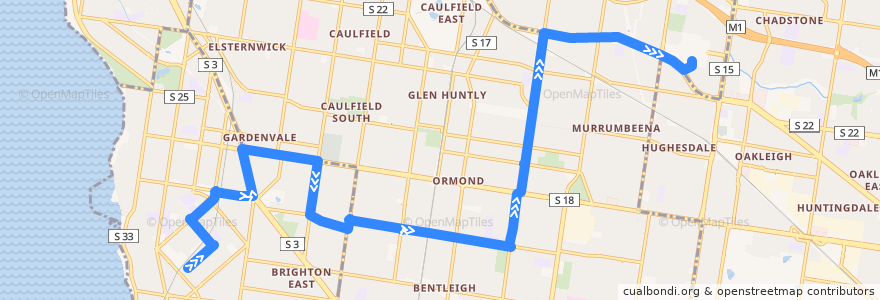 Mapa del recorrido Bus 626: Middle Brighton => McKinnon & Carnegie => Chadstone de la línea  en Melbourne.