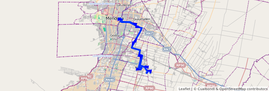 Mapa del recorrido 162 - Maipú - Mendoza - Barrio Malcayae - Hospital Italiano de la línea G09 en 门多萨省.