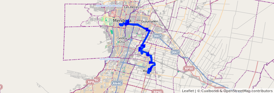 Mapa del recorrido 162 - Maipú - Mendoza * Boedo * Casa De Gobierno de la línea G07 en Mendoza.