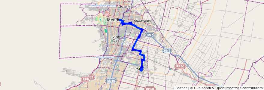 Mapa del recorrido 162 - Maipú - Mendoza por Pescara - Hospital Italiano de la línea G09 en Mendoza.