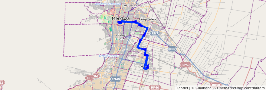 Mapa del recorrido 162 - Maipú - Mendoza Troncal - c/ Casa de Gobierno  de la línea G09 en Мендоса.