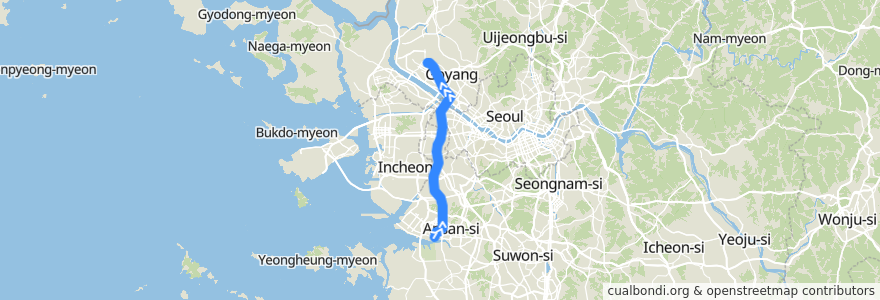 Mapa del recorrido 수도권 전철 서해선: 원시 → 일산 de la línea  en Gyeonggi.