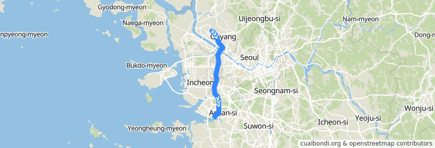 Mapa del recorrido 수도권 전철 서해선: 일산 → 원시 de la línea  en Gyeonggi.