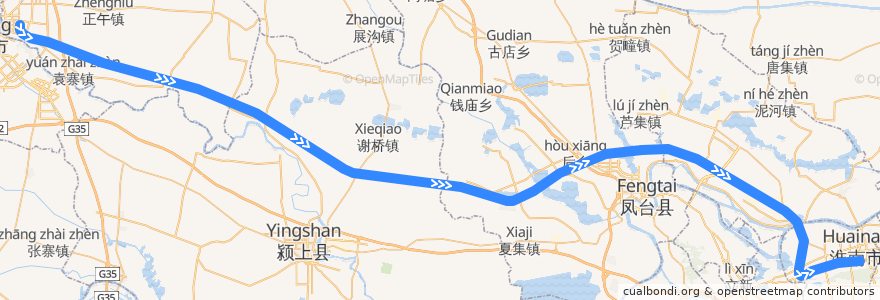 Mapa del recorrido 阜淮铁路 de la línea  en 安徽省.