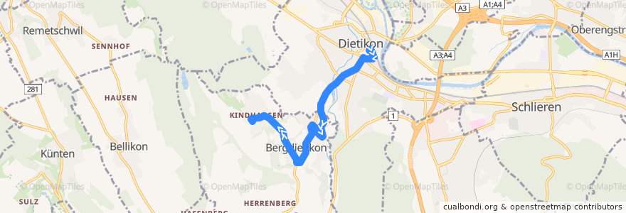 Mapa del recorrido Bus 305: Dietikon, Bahnhof → Kindhausen AG de la línea  en Schweiz/Suisse/Svizzera/Svizra.