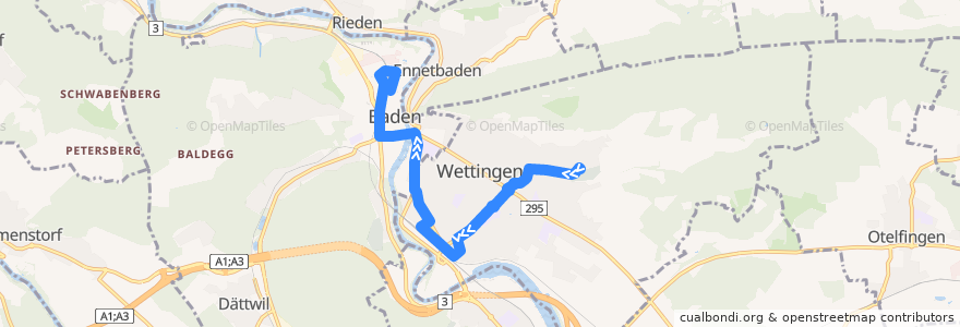 Mapa del recorrido Bus 3: Wettingen, Brunnenwiese => Baden, Bahnhof Ost de la línea  en Bezirk Baden.