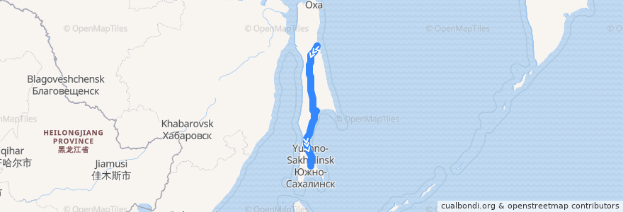 Mapa del recorrido Фирменный поезд «Сахалин» № 2: Ноглики — Южно-Сахалинск de la línea  en Oblast' di Sachalin.