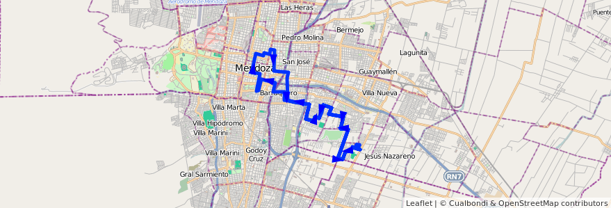 Mapa del recorrido 166 - B° UTMA - San Cayetano por Lamadrid de la línea G09 en Mendoza.