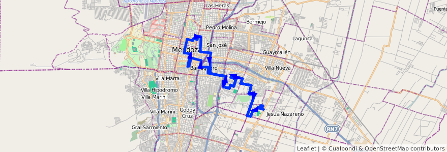 Mapa del recorrido 166 - B° UTMA - San Cayetano por Pedro Vargas de la línea G09 en メンドーサ州.