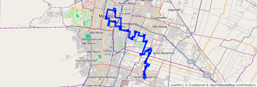 Mapa del recorrido 166 - Bº Antártida Argentina - Centro por Dorrego de la línea G09 en Mendoza.