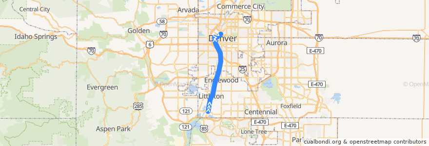 Mapa del recorrido RTD D Line → 18th & California de la línea  en 科罗拉多州 / 科羅拉多州.