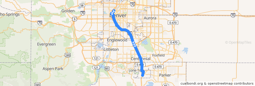 Mapa del recorrido RTD E Line → RidgeGate Parkway de la línea  en コロラド州.