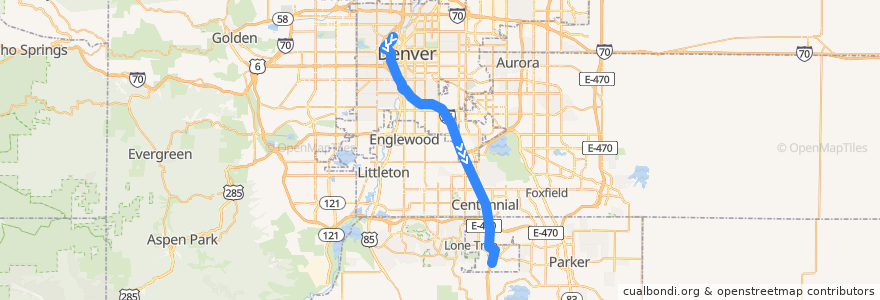 Mapa del recorrido RTD E Line → RidgeGate Parkway de la línea  en Colorado.