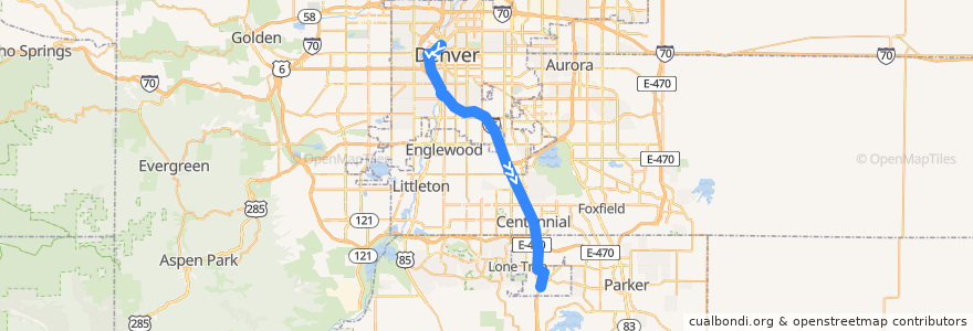 Mapa del recorrido RTD F Line → RidgeGate Parkway de la línea  en Colorado.