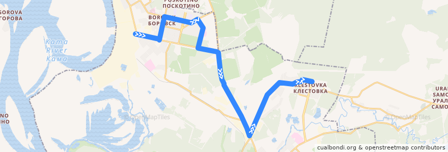 Mapa del recorrido Автобус №18: ОАО "Соликамскбумпром" - Клестовка de la línea  en Соликамский городской округ.