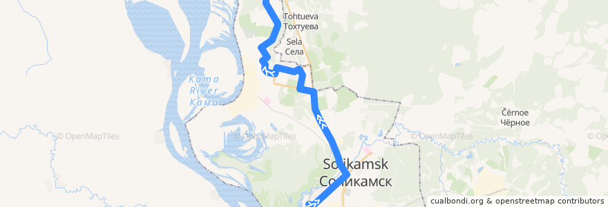 Mapa del recorrido Автобус №20: Пос. Мишарино - Автостанция (Центр) - Железнодорожный вокзал de la línea  en Соликамский городской округ.