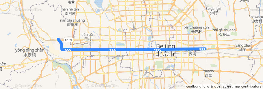 Mapa del recorrido Subway 1: 四惠东 => 苹果园 de la línea  en 北京市.