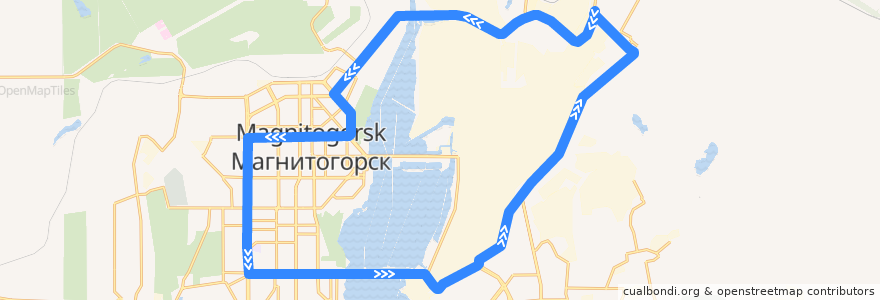 Mapa del recorrido Трамвай №14:Товарная - Таможня - Товрная de la línea  en Магнитогорский городской округ.