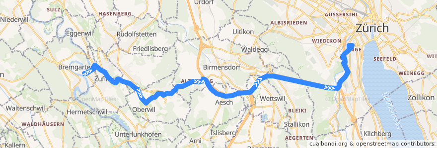 Mapa del recorrido Bus 444: Bremgarten AG, Obertorplatz → Zürich, Bahnhof Enge/Bederstrasse de la línea  en Suiza.