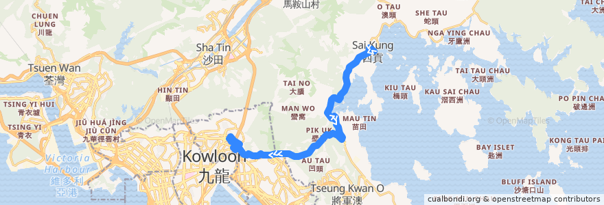 Mapa del recorrido 九巴92線 KMB 92 (西貢 Sai Kung → 鑽石山鐵路站 Diamond Hill Railway Station) de la línea  en Hong Kong.