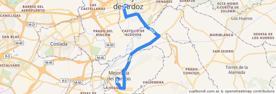 Mapa del recorrido Bus 340: Torrejón de Ardoz → Mejorada del Campo de la línea  en بخش خودمختار مادرید.