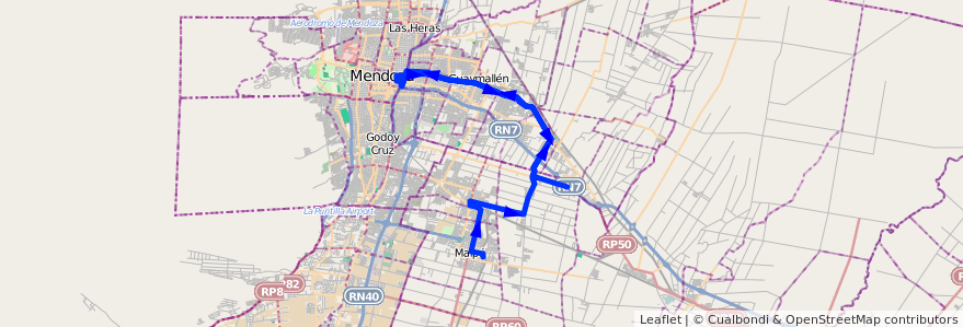 Mapa del recorrido 171 - Maipú - Rodeo de la Cruz - Coquimbito - 173 - Viejo Viñedo de la línea G10 en Мендоса.