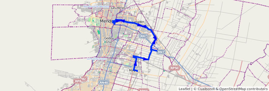 Mapa del recorrido 171 - Maipu - Rodeo de la Cruz - Mendoza - Rodeo de la Cruz - Viejo Viñedo - 171  de la línea G10 en Mendoza.