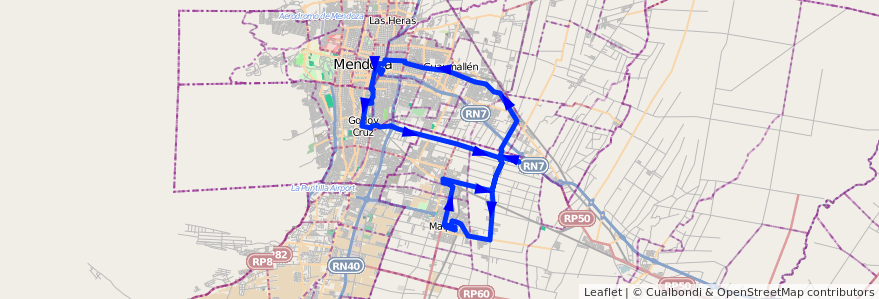 Mapa del recorrido 171 - Maipú - Viejo Viñedo - Rodeo de la Cruz - Coquimbito - 173 de la línea G10 en Mendoza.