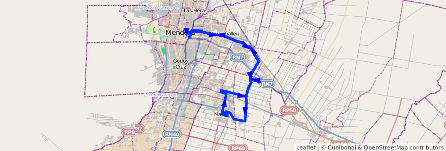 Mapa del recorrido 171 - Maipú - Viejo Viñedo - Rodeo de la Cruz - Mendoza - Rodeo de la Cruz - Maipú - 172  de la línea G10 en メンドーサ州.