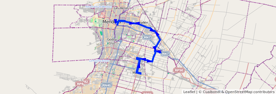 Mapa del recorrido 171 - Maipú - Viejo Viñedo - Rodeo de la Cruz - Mendoza - Rodeo de la Cruz - MaipúI - 171  de la línea G10 en 门多萨省.