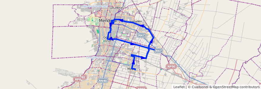 Mapa del recorrido 171 - Maipú - Viejo Viñedo - Rodeo de la Cruz - Mendoza - Rodriguez Peña - Viejo Viñedo - 173  de la línea G10 en メンドーサ州.