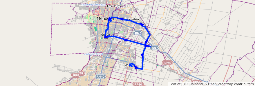 Mapa del recorrido 171 - Viejo Viñedo - Rodeo de la Cruz - Mendoza - Rodriguez Peña - Viejo Viñedo - Maipú - 173  de la línea G10 en Mendoza.