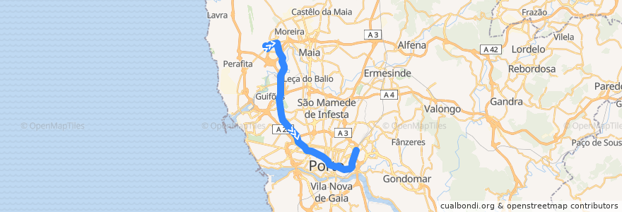 Mapa del recorrido Linha E: Aeroporto => Estádio do Dragão de la línea  en Área Metropolitana do Porto.