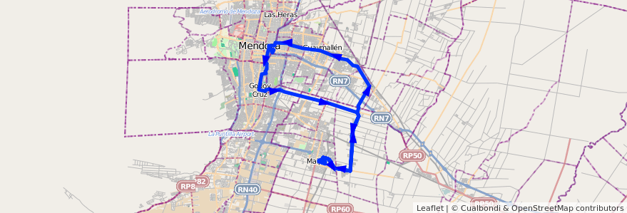 Mapa del recorrido 172 - Maipú - Rodeo de la Cruz - Coquimbito - 173 de la línea G10 en Мендоса.