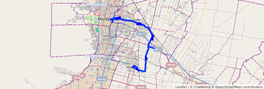 Mapa del recorrido 172 - Maipú - Rodeo de la Cruz - Mendoza - Rodeo de la Cruz - Viejo Viñedo - 171 de la línea G10 en 门多萨省.