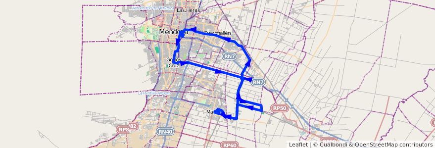 Mapa del recorrido 172 - Maipú - Rodeo de la Cruz - Ruttini - Ortega - 173 Ingresa a Viejo Viñedo de la línea G10 en 门多萨省.