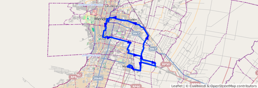 Mapa del recorrido 172 - Maipú - Rodeo de la Cruz - Zona Alcoholera - Ortega de la línea G10 en 门多萨省.