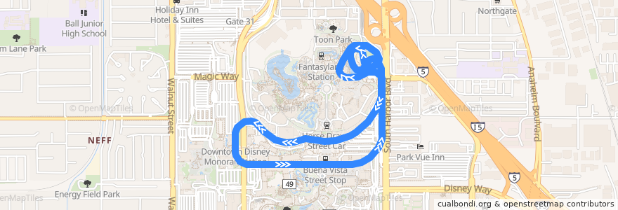 Mapa del recorrido Disneyland Monorail de la línea  en Anaheim.