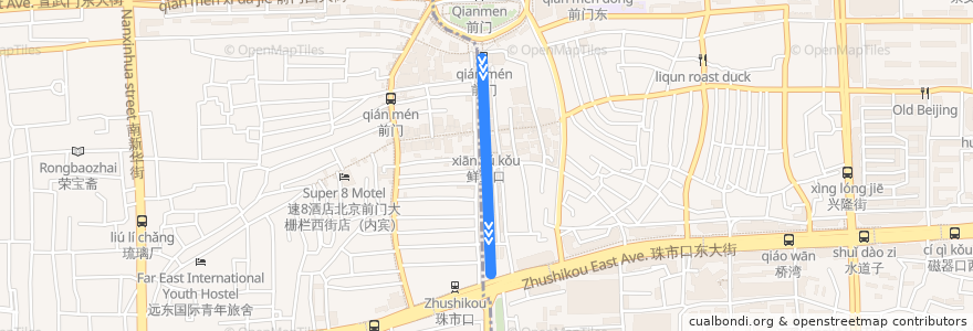 Mapa del recorrido Tram 2: 前门 => 珠市口 de la línea  en 东城区.