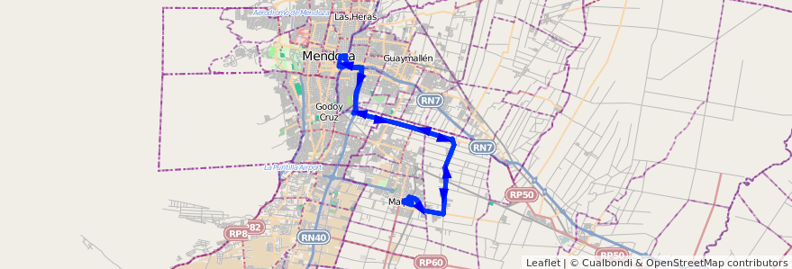 Mapa del recorrido 173 - Expreso - Maipé - Rodriguez Peña - Mendoza de la línea G10 en 门多萨省.