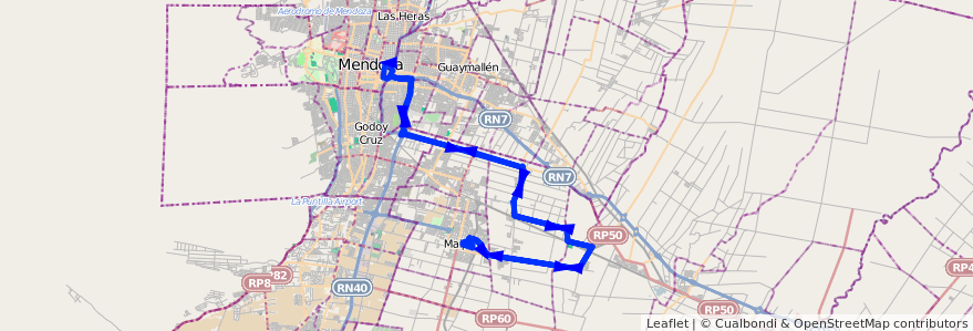 Mapa del recorrido 173 - Expreso - Maipú - Ortega - Necochea - Rodriguez Peña - Mendoza de la línea G10 en メンドーサ州.