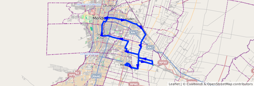 Mapa del recorrido 173 - Maipú - Ortega - Zona Alcoholera - Rodeo de la Cruz - 172 de la línea G10 en Mendoza.