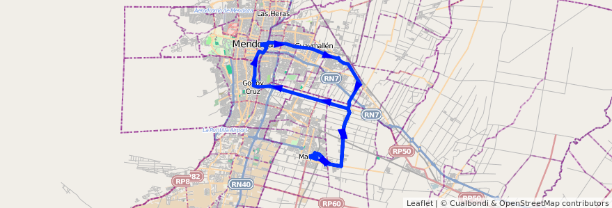 Mapa del recorrido 173 - Maipú - Rodriguez Peña - Rodeo de la Cruz - 172 de la línea G10 en 门多萨省.