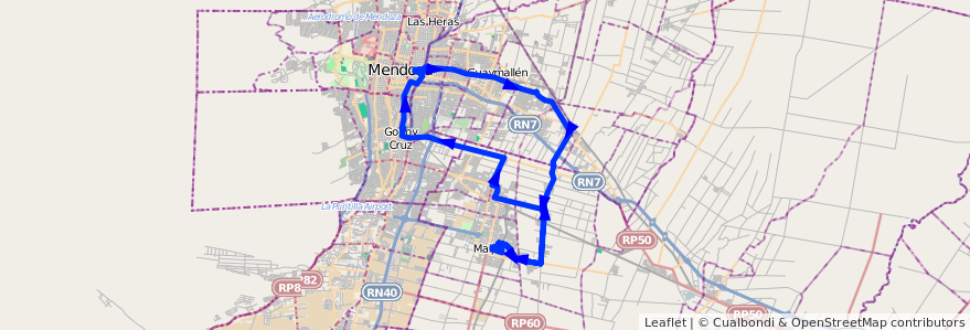 Mapa del recorrido 173 - Maipú - Zona Alcoholera - Rodriguez Peña - Rodeo de la Cruz de la línea G10 en Mendoza.