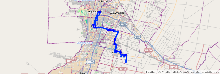 Mapa del recorrido 174 - Bº Tropero Sosa - Malcayaes - Mendoza por PLaza Godoy Cruz de la línea G10 en Mendoza.