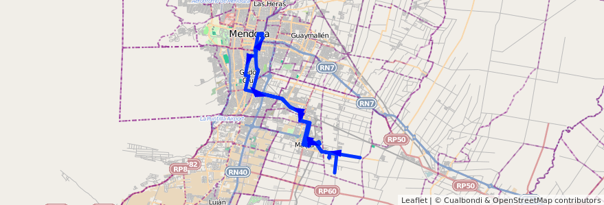 Mapa del recorrido 174 - Castro Barros - Bº Tropero Sosa - Mendoza por Costanera de la línea G10 en メンドーサ州.