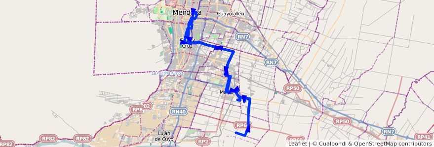 Mapa del recorrido 174 - Tres Esquinas - Bº Tropero Sosa - Malcayaes - Mendoza por Plaza Godoy Cruz de la línea G10 en Mendoza.