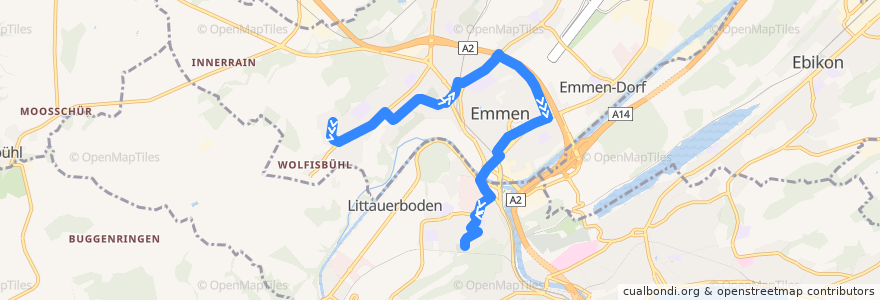 Mapa del recorrido Bus 42: Emmenbrücke, Schönbühl => Reusbühl, Waldstrasse de la línea  en Emmen.