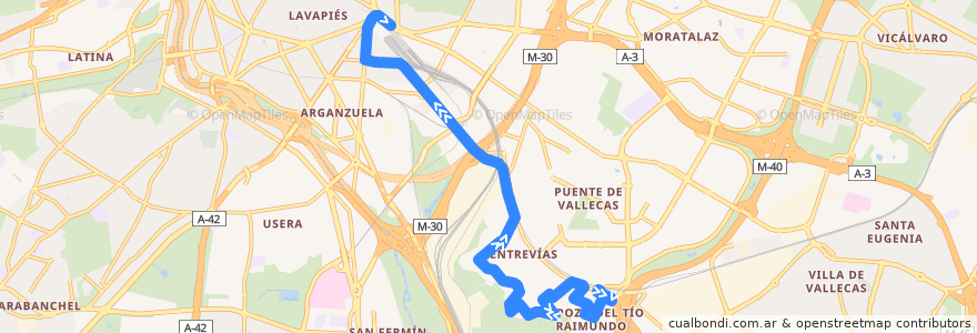 Mapa del recorrido Bus 102: Estación El Pozo → Atocha de la línea  en Madrid.